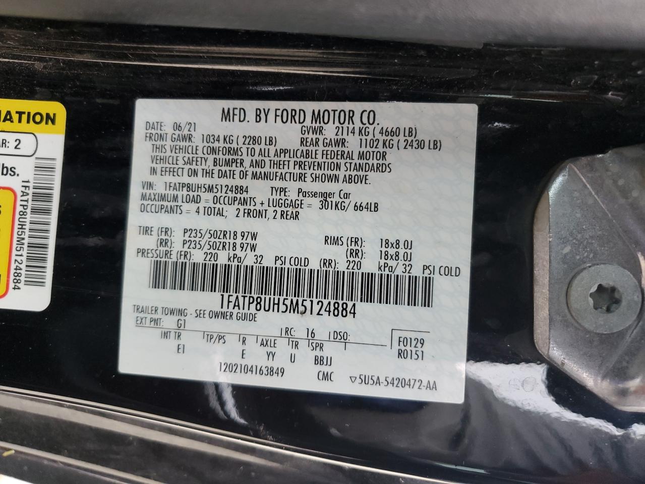 2021 Ford Mustang VIN: 1FATP8UH5M5124884 Lot: 57511704