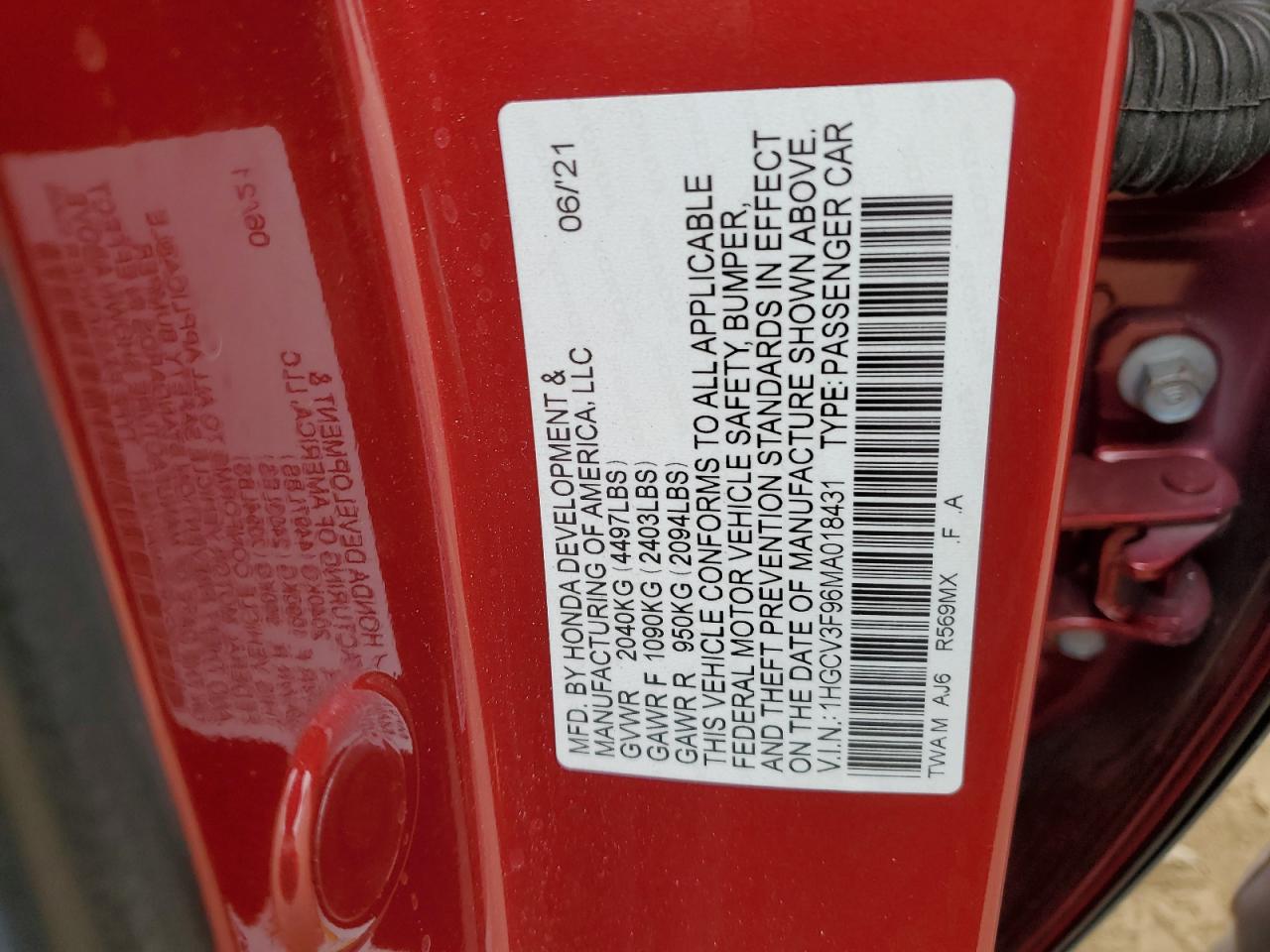 2021 Honda Accord Touring Hybrid VIN: 1HGCV3F96MA018431 Lot: 58529804