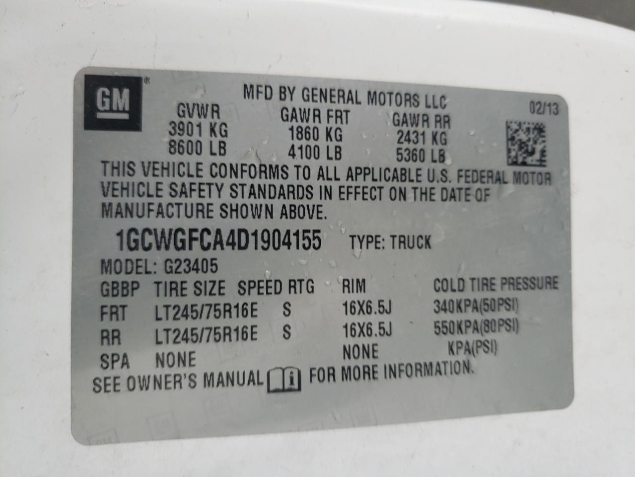 2013 Chevrolet Express G2500 VIN: 1GCWGFCA4D1904155 Lot: 59411894