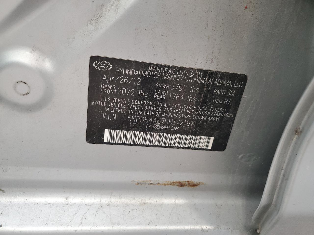 2013 Hyundai Elantra Gls VIN: 5NPDH4AE7DH172191 Lot: 57284854