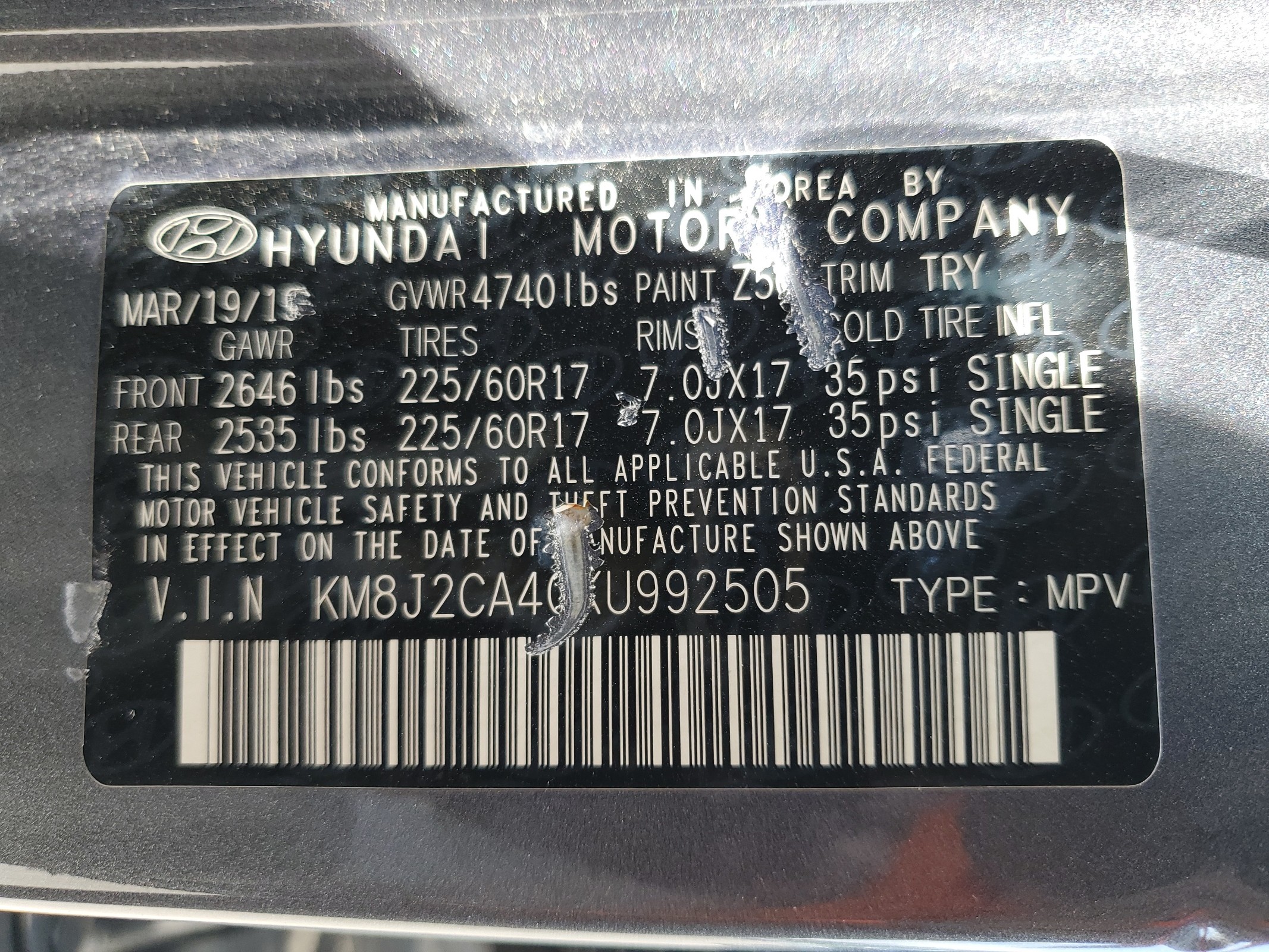 KM8J2CA40KU992505 2019 Hyundai Tucson Se