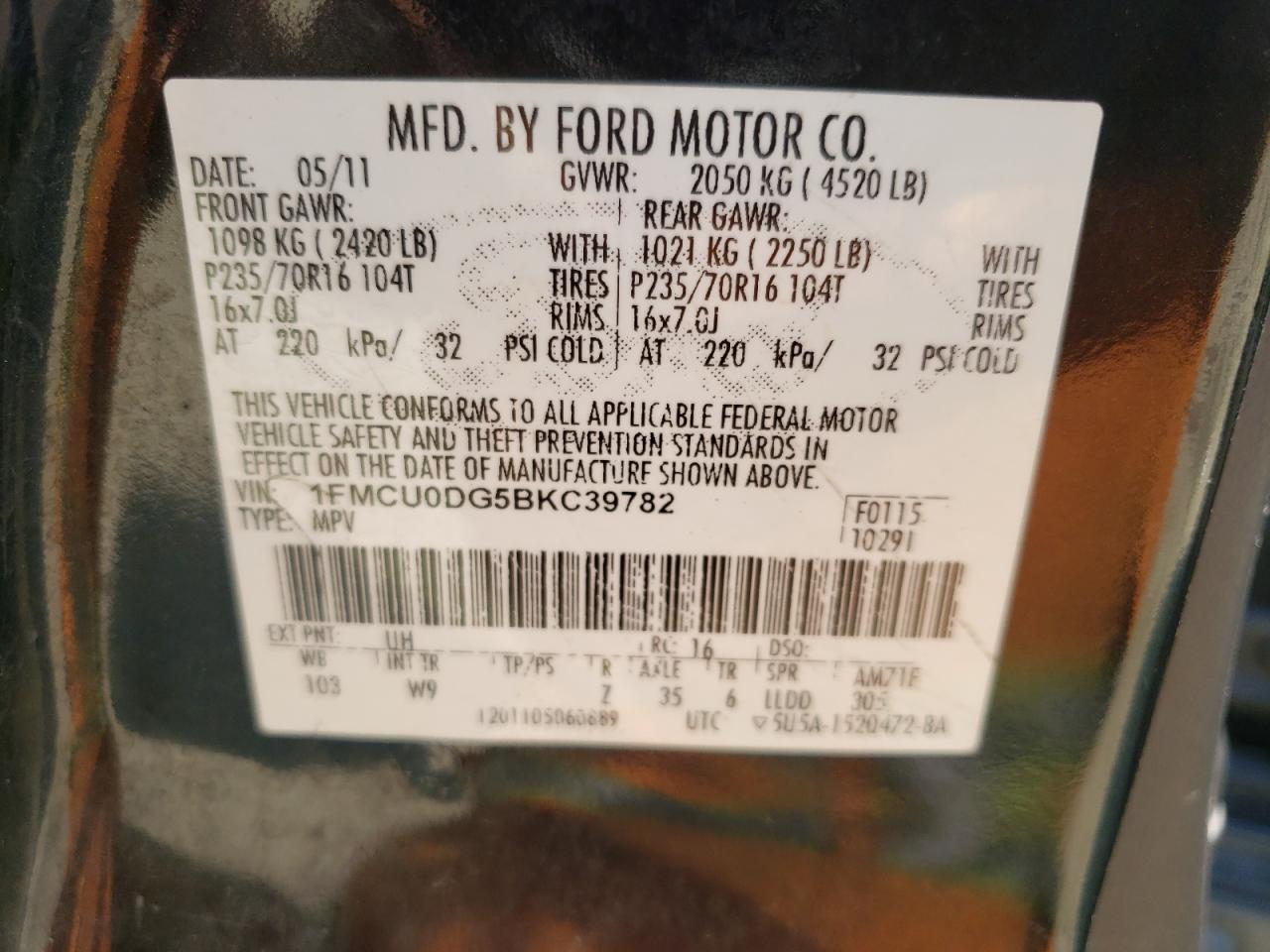 2011 Ford Escape Xlt VIN: 1FMCU0DG5BKC39782 Lot: 59483284