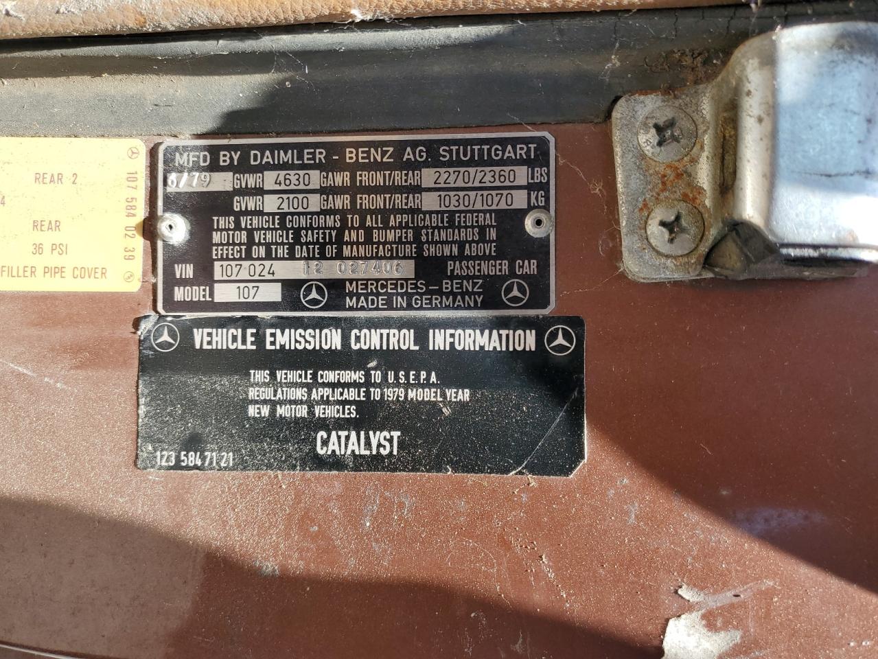 1979 Mercedes-Benz Slc 450 VIN: 10702412027406 Lot: 59934384