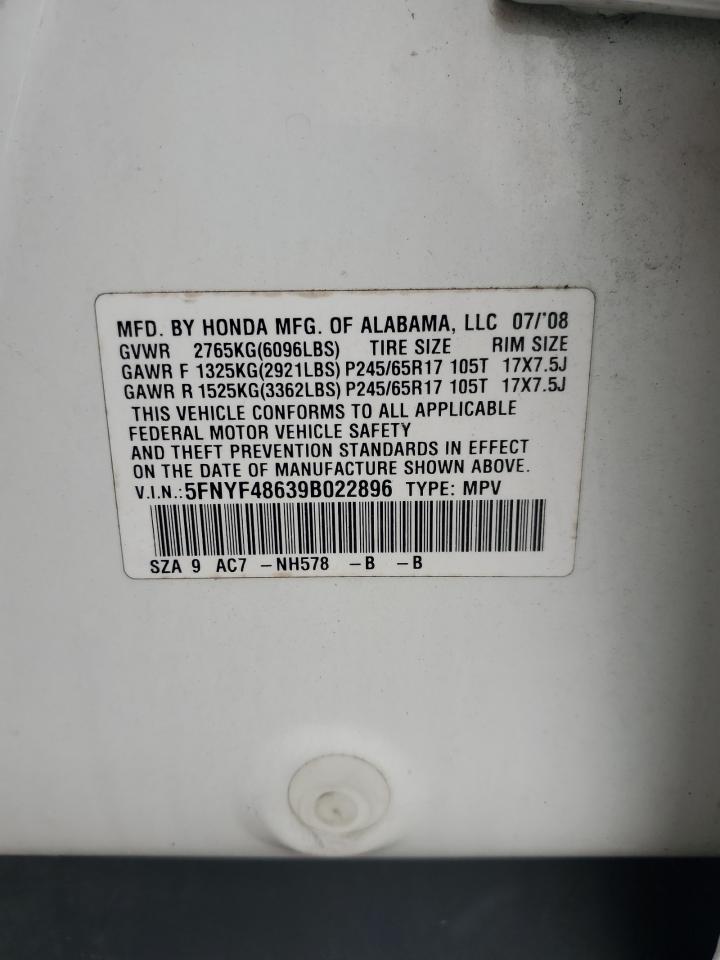 2009 Honda Pilot Exl VIN: 5FNYF48639B022896 Lot: 59335634
