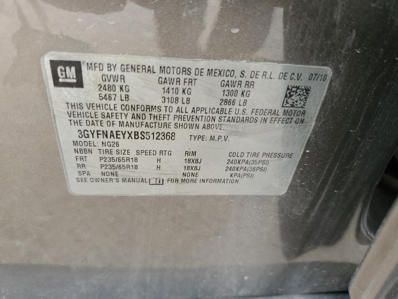 2011 Cadillac Srx Luxury Collection VIN: 3GYFNAEYXBS512368 Lot: 60941694