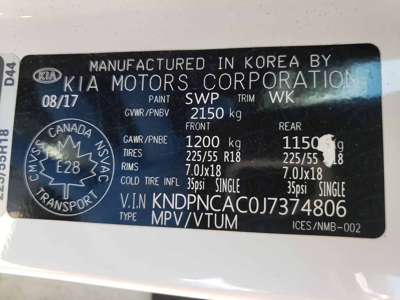 2018 Kia Sportage Ex VIN: KNDPNCAC0J7374806 Lot: 61803205