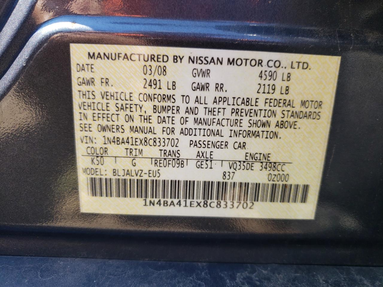 1N4BA41EX8C833702 2008 Nissan Maxima Se