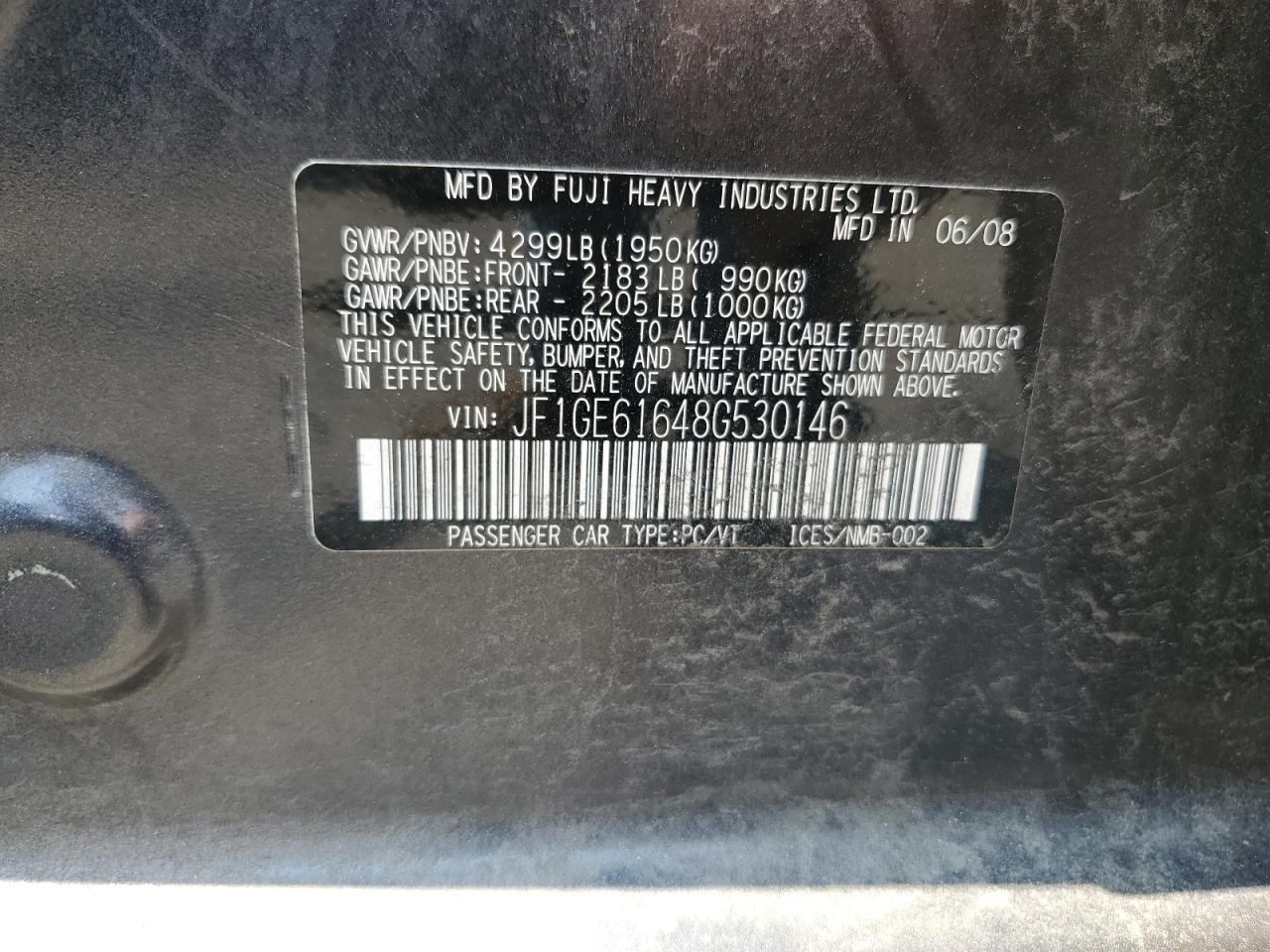 2008 Subaru Impreza 2.5I VIN: JF1GE61648G530146 Lot: 59156294