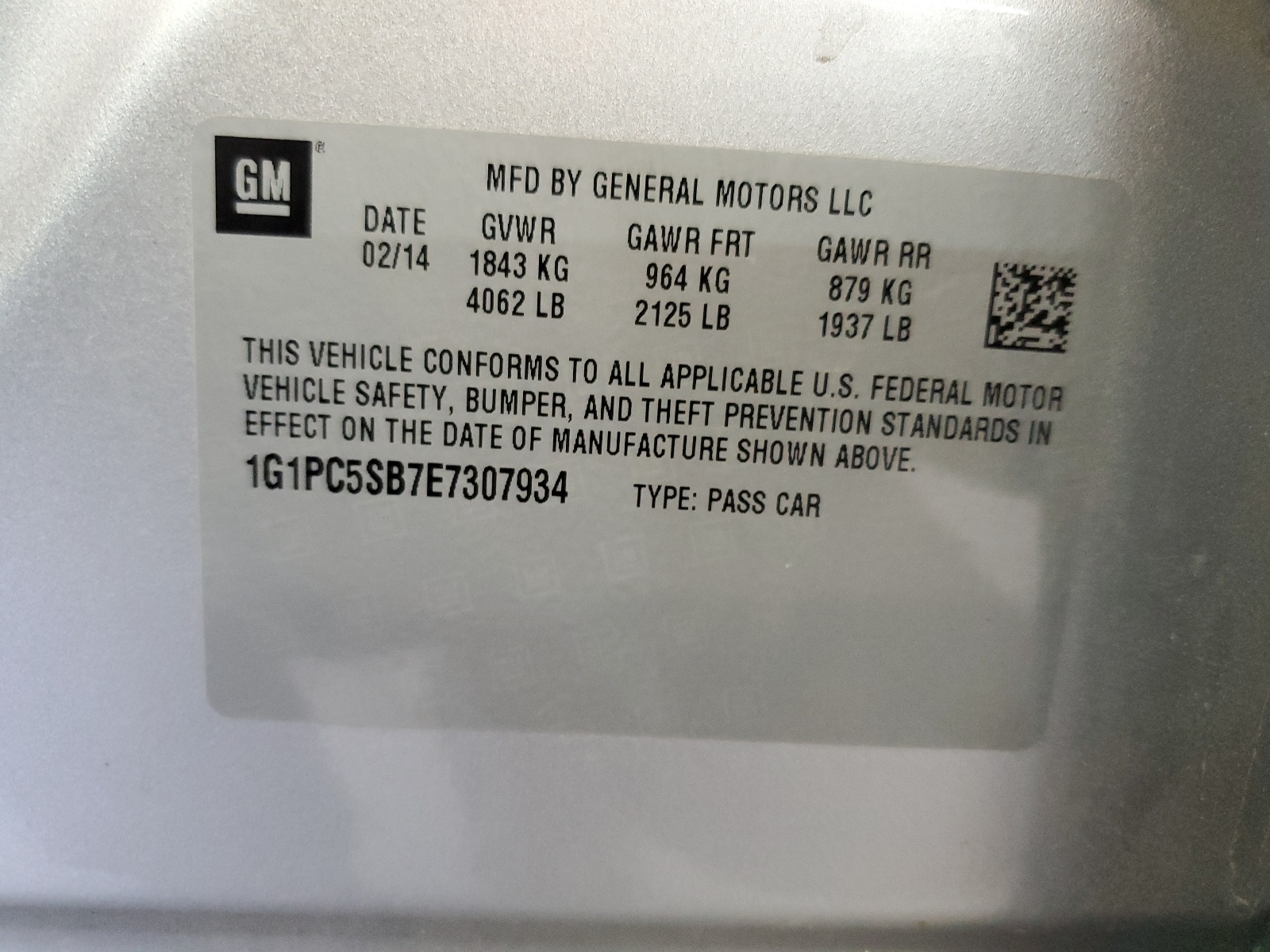 1G1PC5SB7E7307934 2014 Chevrolet Cruze Lt