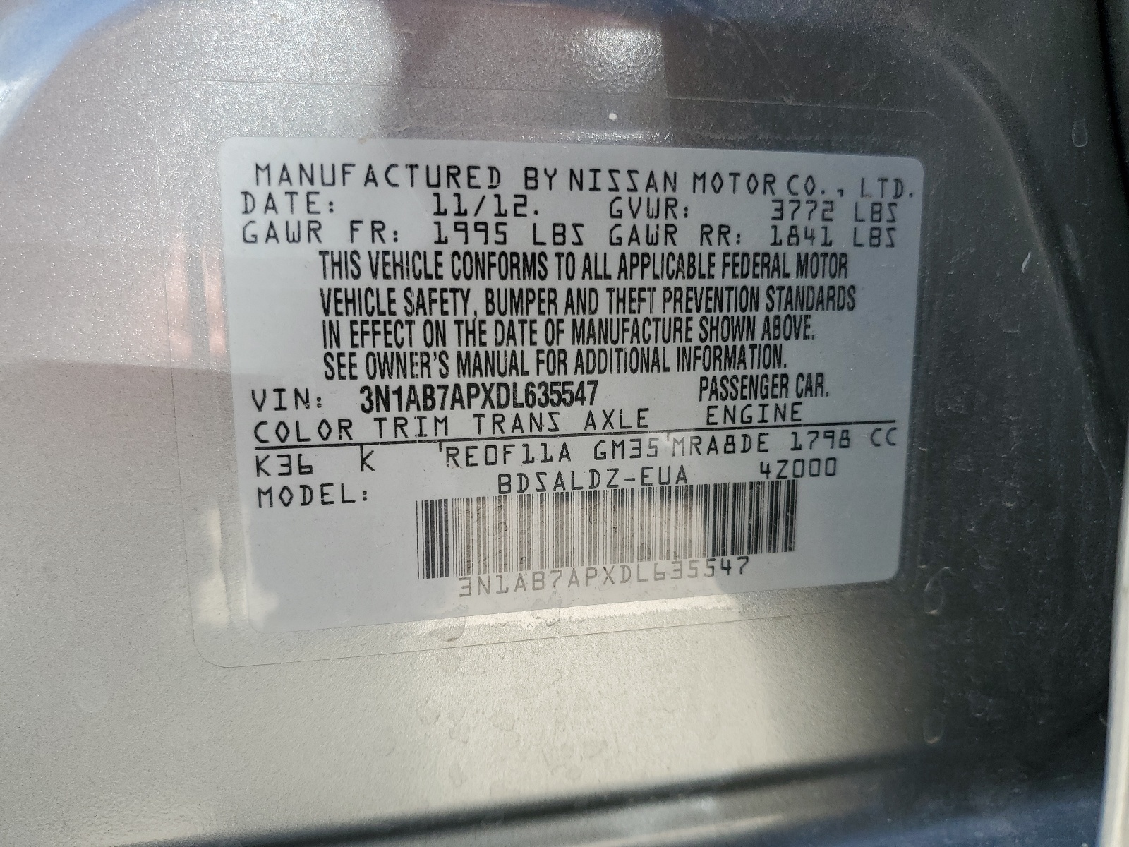 2013 Nissan Sentra S vin: 3N1AB7APXDL635547