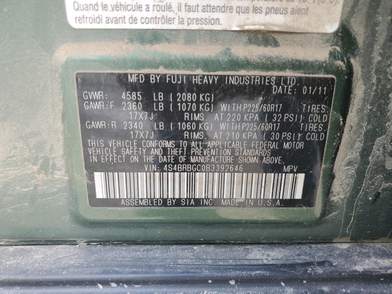 2011 Subaru Outback 2.5I Premium VIN: 4S4BRBGC0B3392646 Lot: 60494764