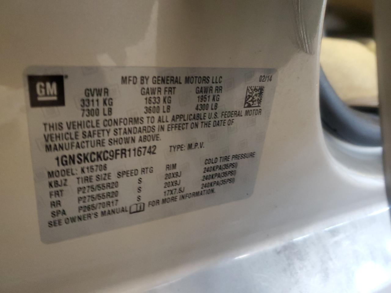 2015 Chevrolet Tahoe K1500 Ltz VIN: 1GNSKCKC9FR116742 Lot: 60811424