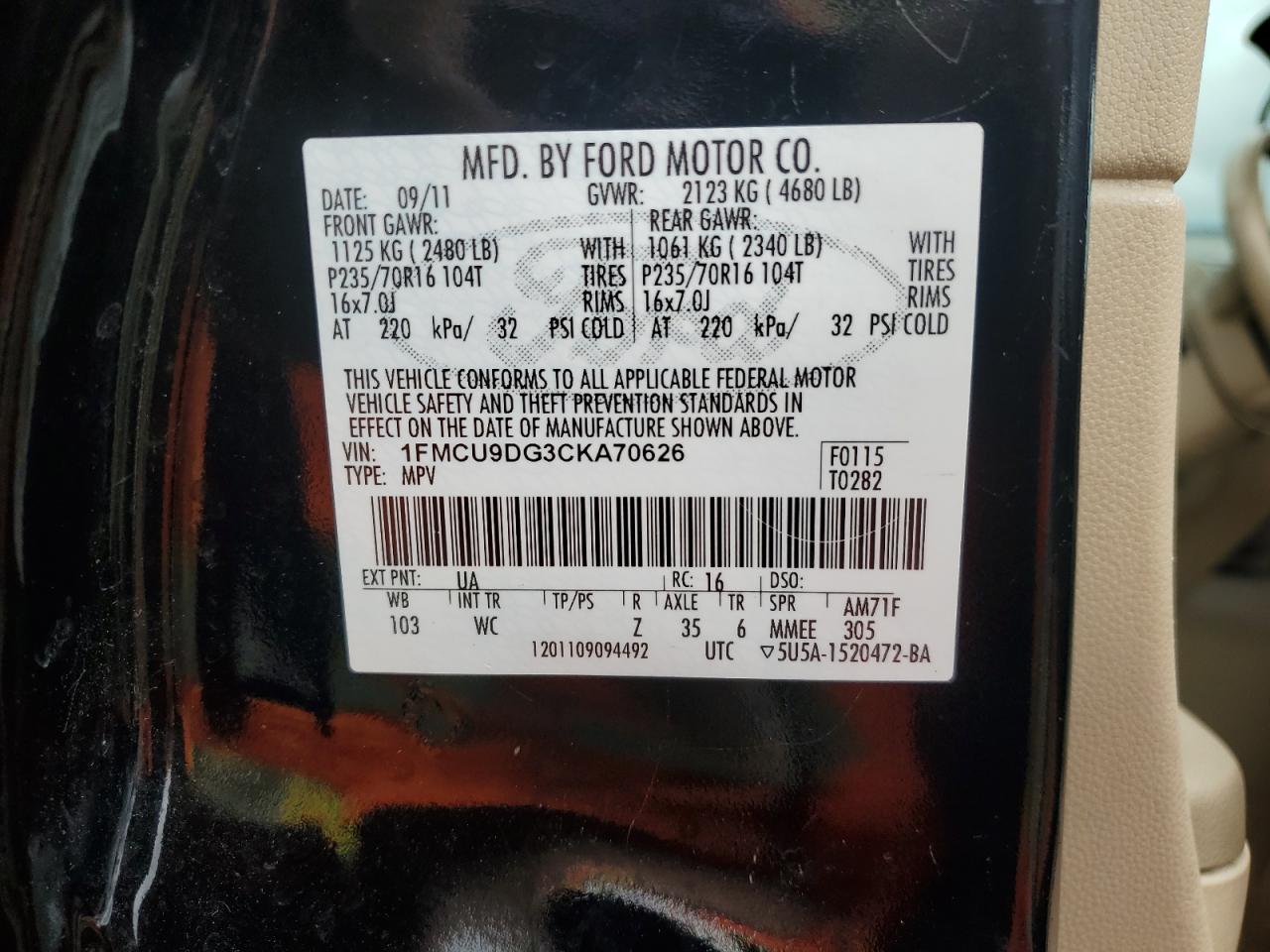 2012 Ford Escape Xlt VIN: 1FMCU9DG3CKA70626 Lot: 60788614