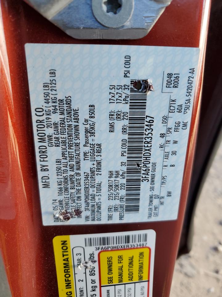 2014 Ford Fusion Se VIN: 3FA6P0HDXER353467 Lot: 60850614