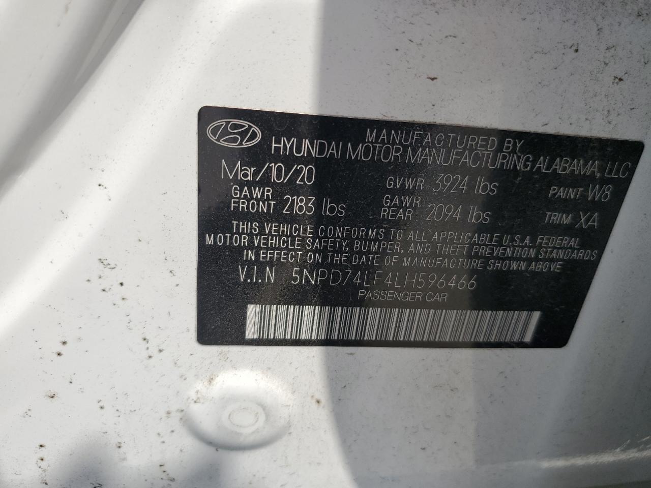 2020 Hyundai Elantra Se VIN: 5NPD74LF4LH596466 Lot: 60816234