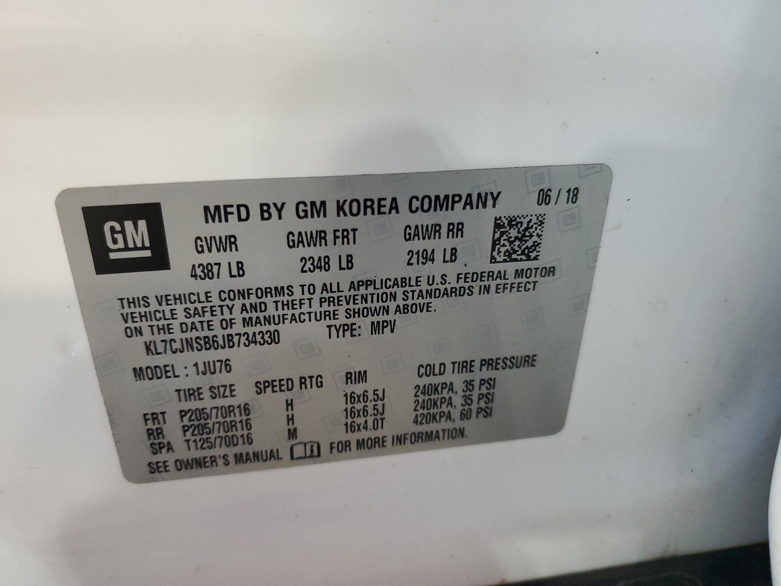 KL7CJNSB6JB734330 2018 Chevrolet Trax Ls