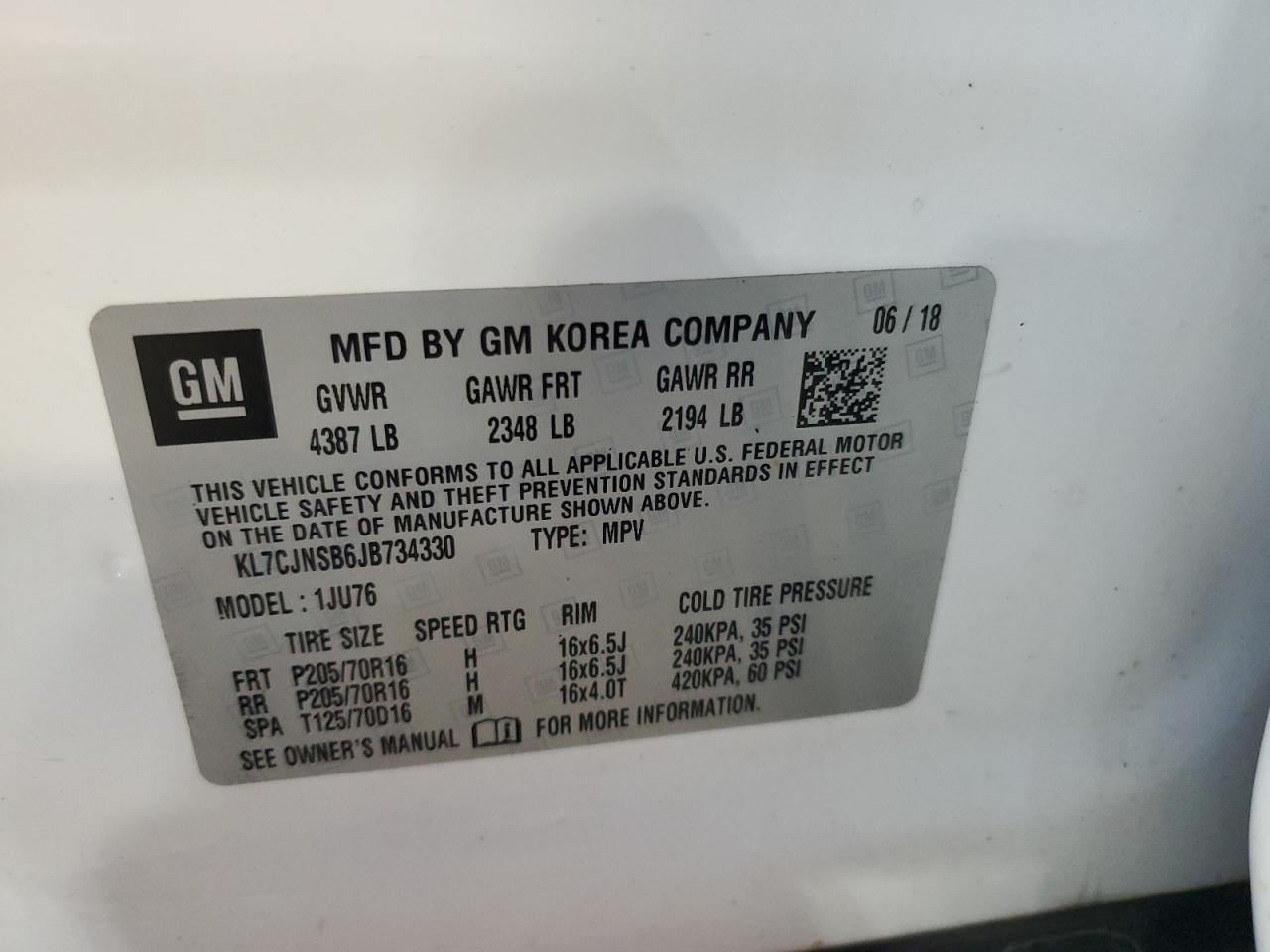 2018 Chevrolet Trax Ls VIN: KL7CJNSB6JB734330 Lot: 60936584