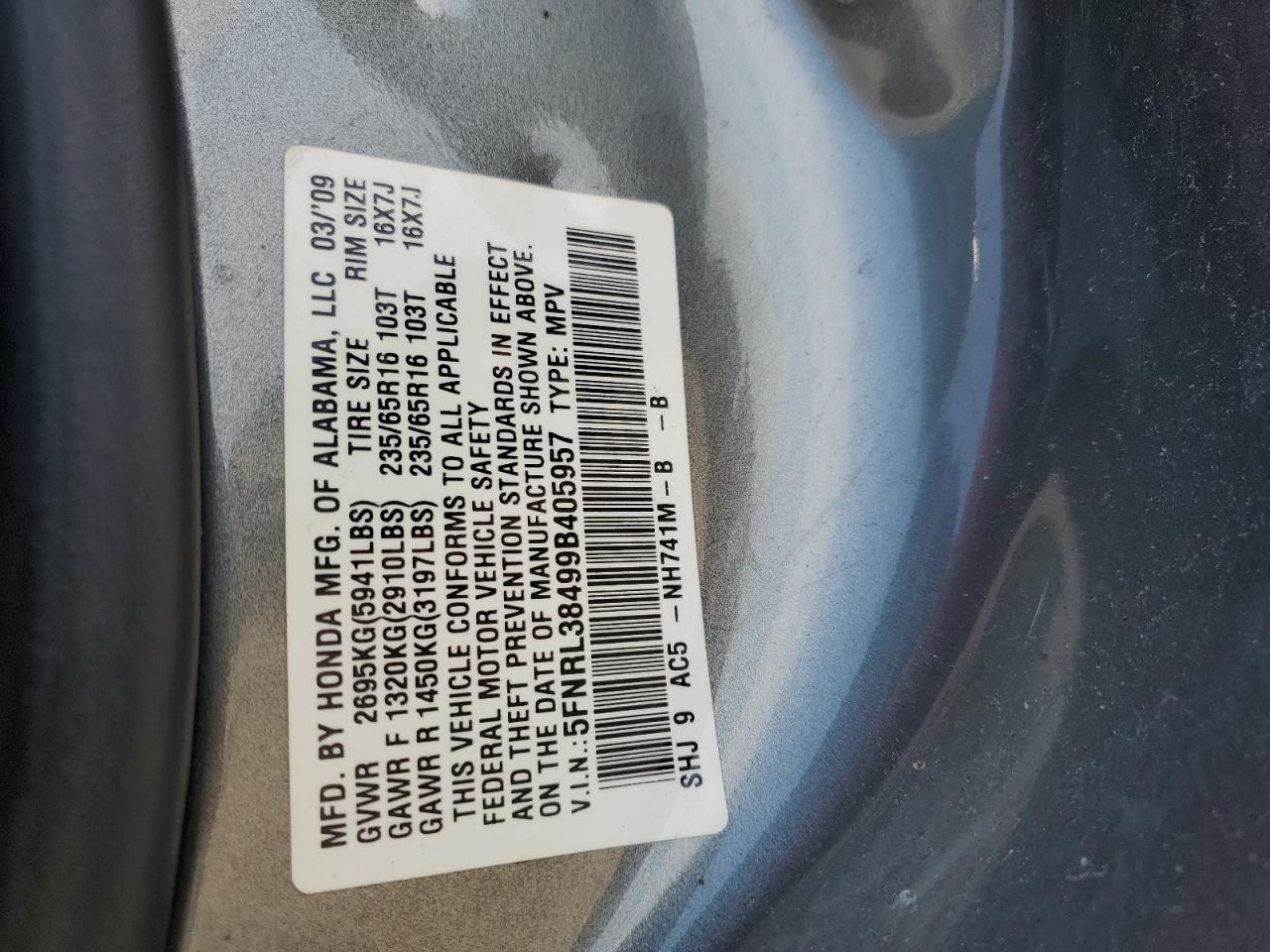 2009 Honda Odyssey Ex VIN: 5FNRL38499B405957 Lot: 58760904