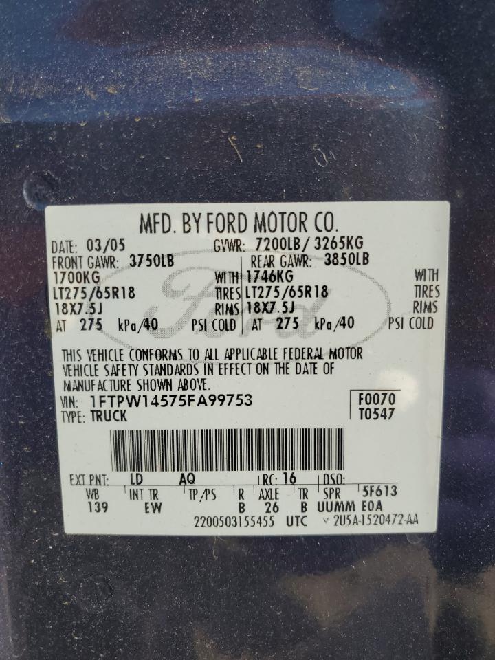 2005 Ford F150 Supercrew VIN: 1FTPW14575FA99753 Lot: 59362554