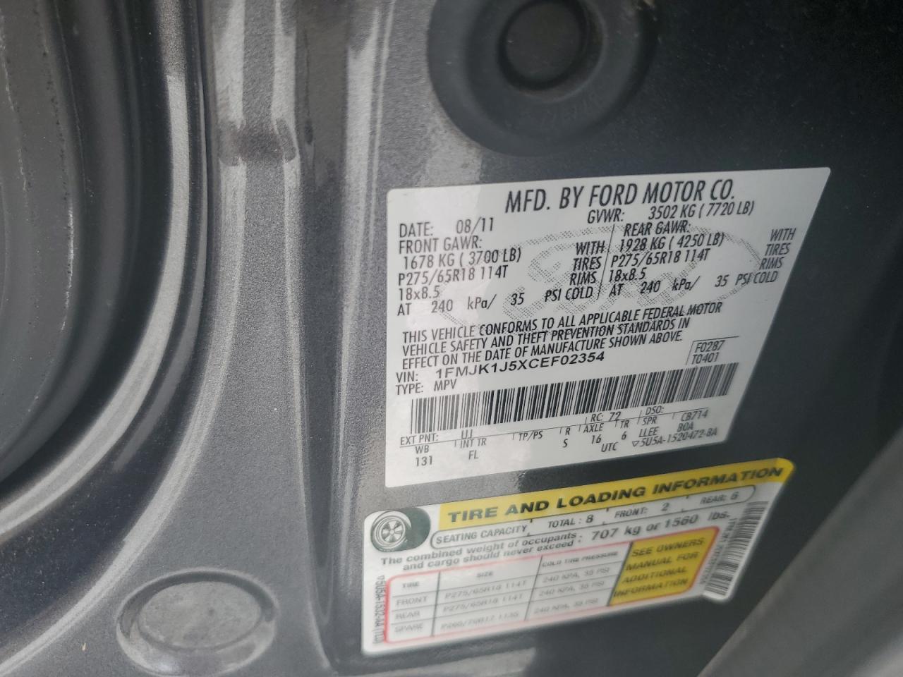 2012 Ford Expedition El Xlt VIN: 1FMJK1J5XCEF02354 Lot: 59403364