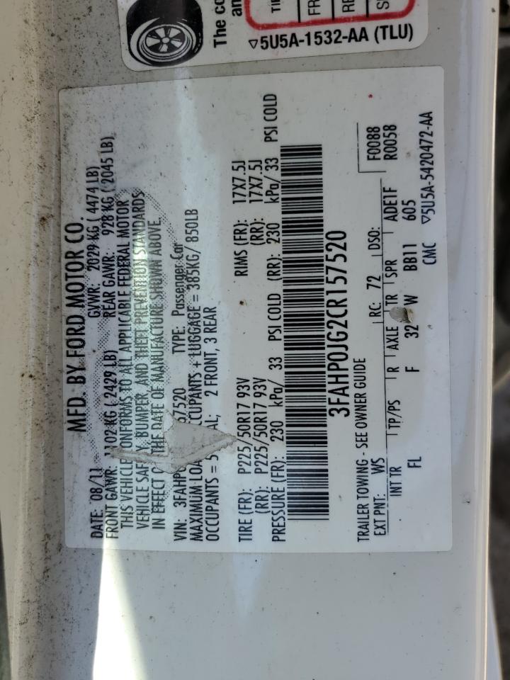 2012 Ford Fusion Sel VIN: 3FAHP0JG2CR157520 Lot: 58579394