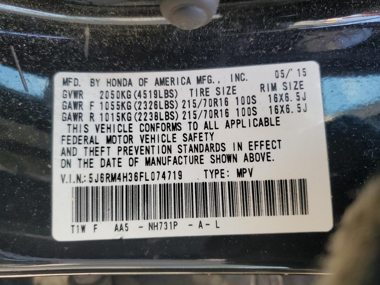 2015 Honda Cr-V Lx VIN: 5J6RM4H36FL074719 Lot: 59871494