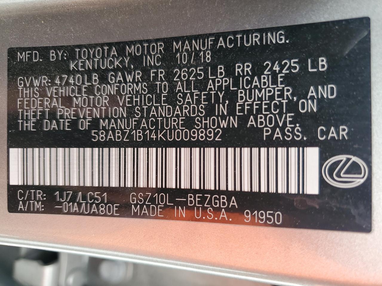 2019 Lexus Es 350 VIN: 58ABZ1B14KU009892 Lot: 57376254