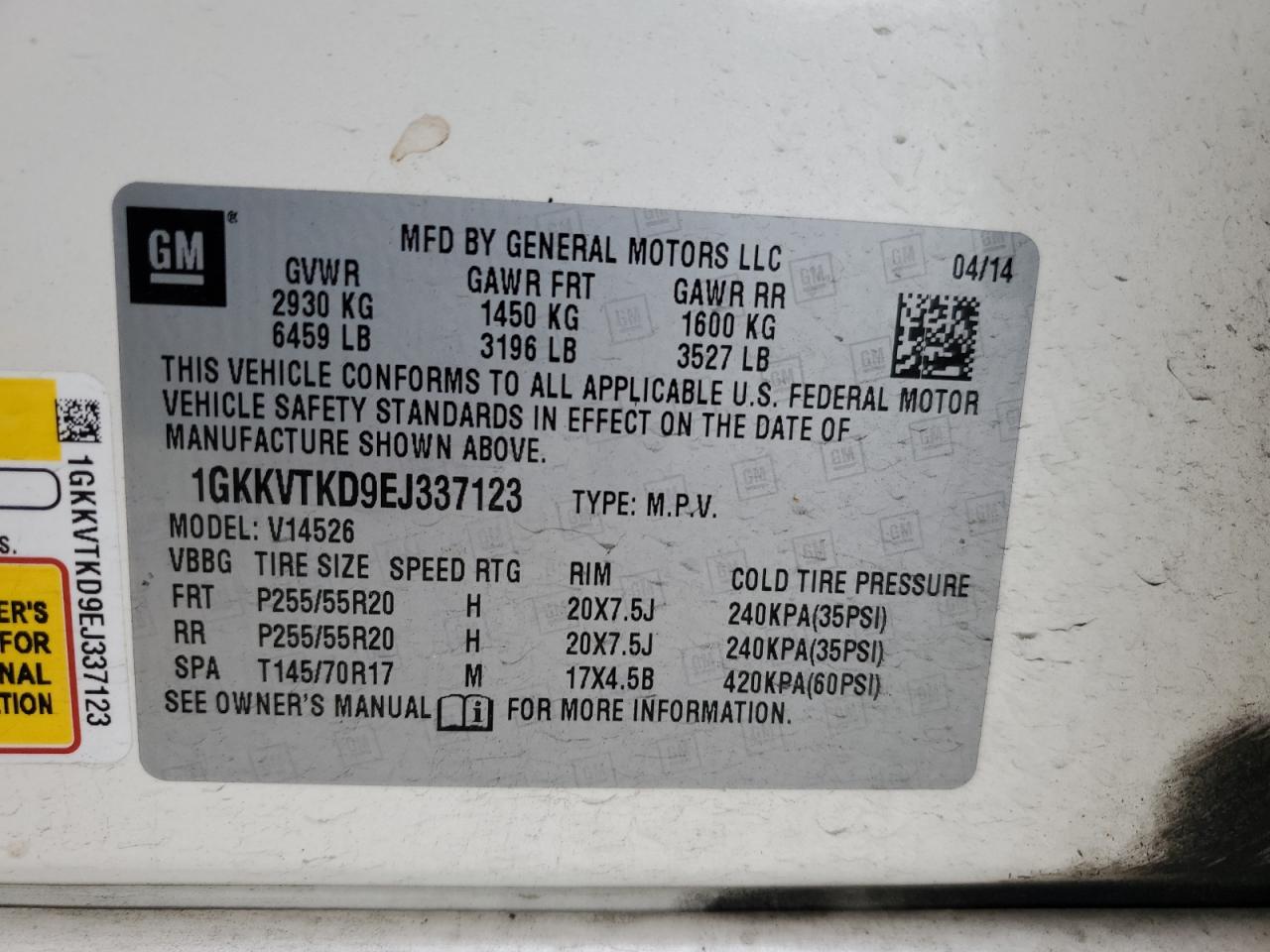 2014 GMC Acadia Denali VIN: 1GKKVTKD9EJ337123 Lot: 57729504