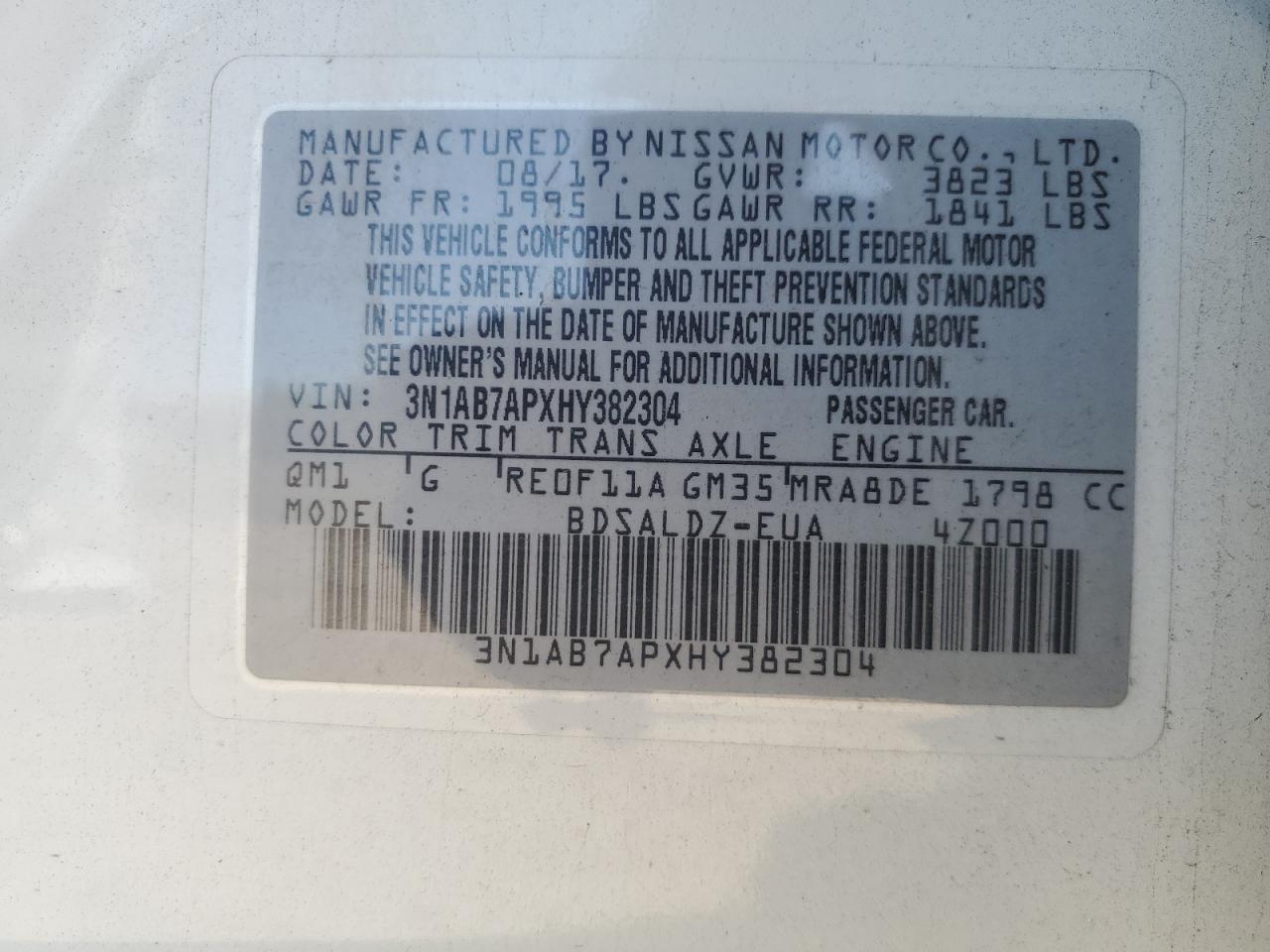 3N1AB7APXHY382304 2017 Nissan Sentra S