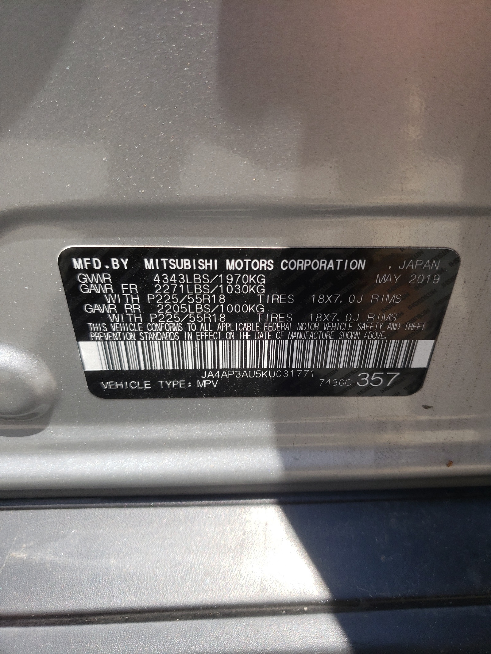 JA4AP3AU5KU031771 2019 Mitsubishi Outlander Sport Es