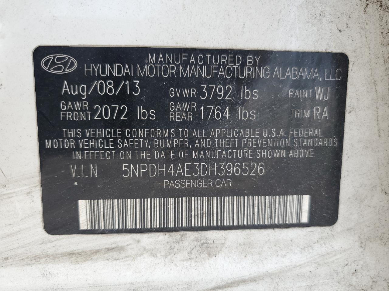 2013 Hyundai Elantra Gls VIN: 5NPDH4AE3DH396526 Lot: 57769474