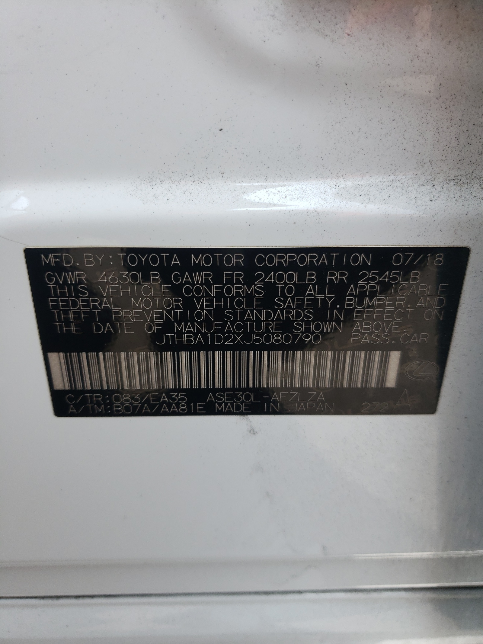 JTHBA1D2XJ5080790 2018 Lexus Is 300