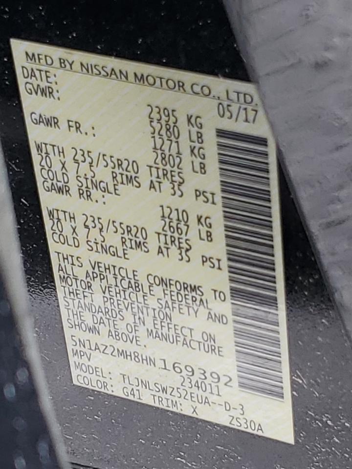 2017 Nissan Murano S VIN: 5N1AZ2MH8HN169392 Lot: 60013274