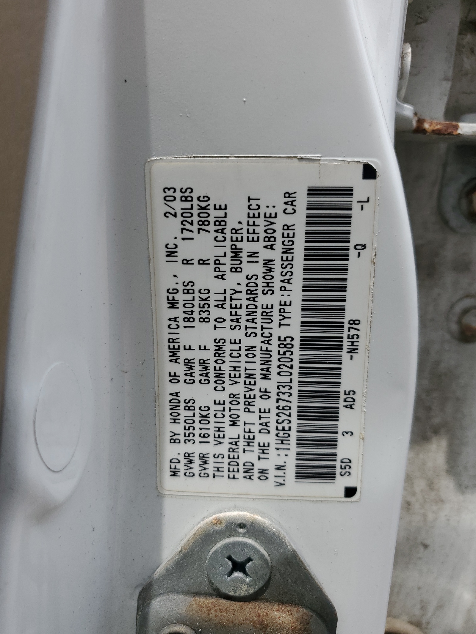 1HGES26733L020585 2003 Honda Civic Ex