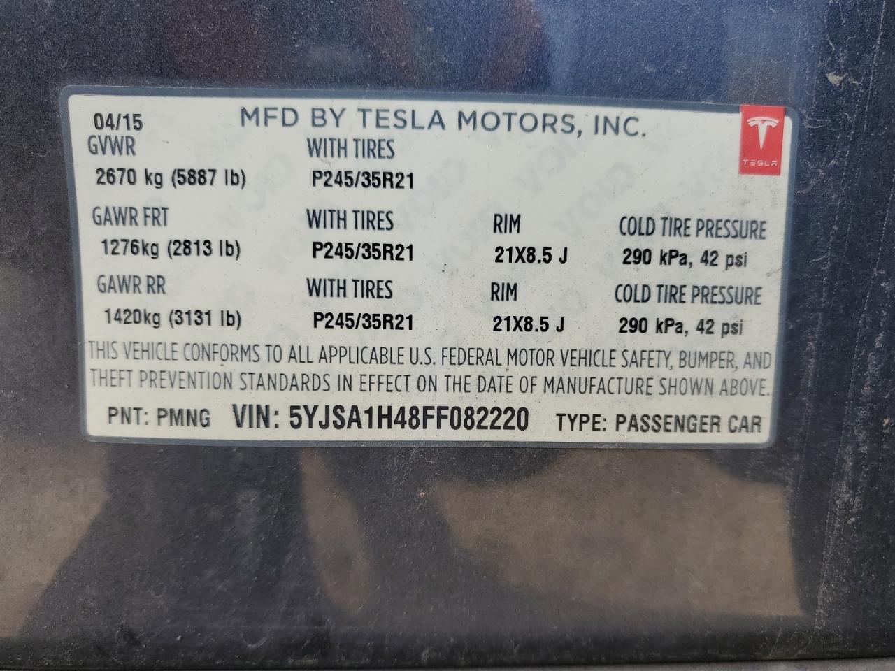 2015 Tesla Model S P85D VIN: 5YJSA1H48FF082220 Lot: 58207954