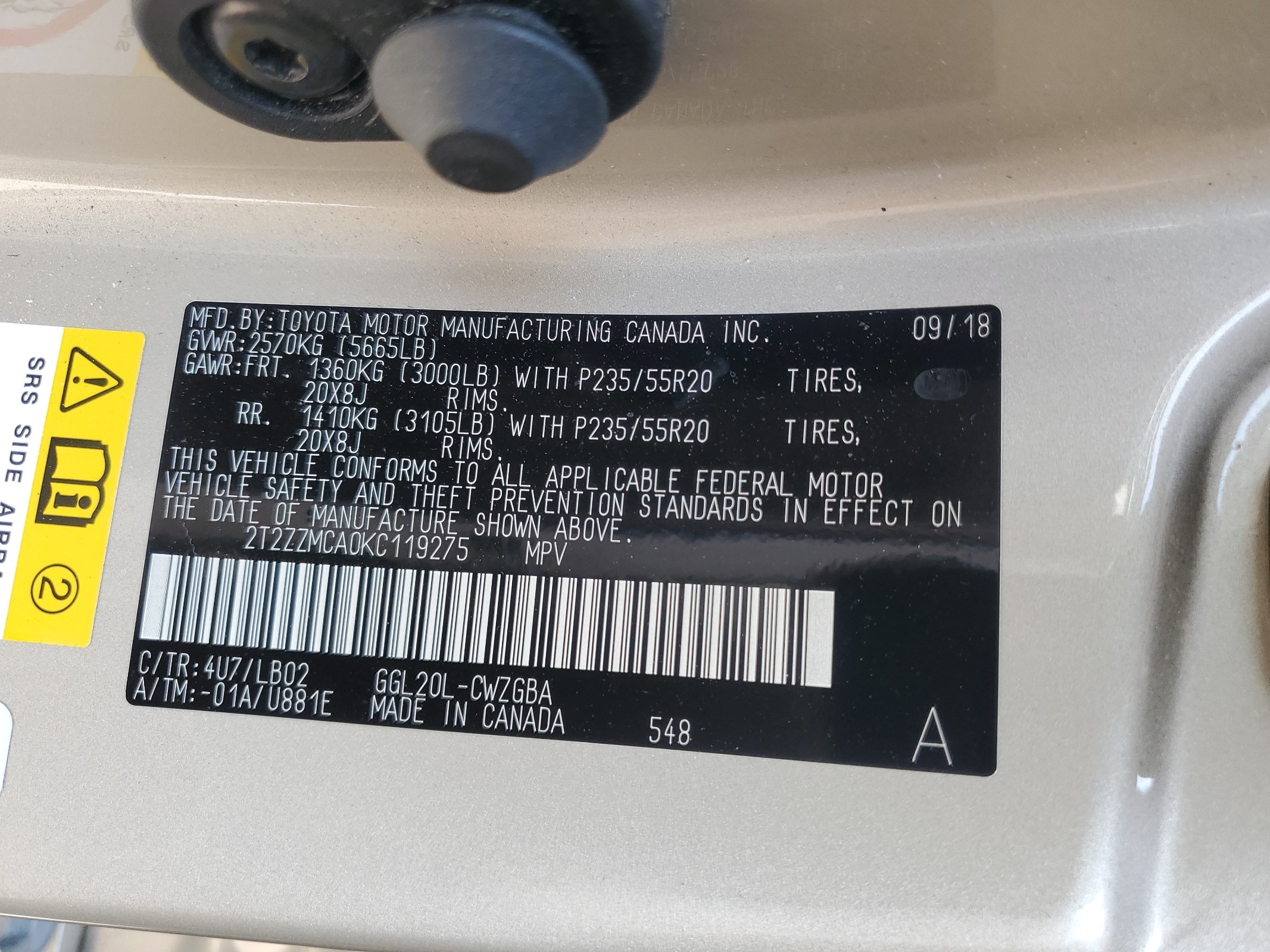 2T2ZZMCA0KC119275 2019 Lexus Rx 350 Base