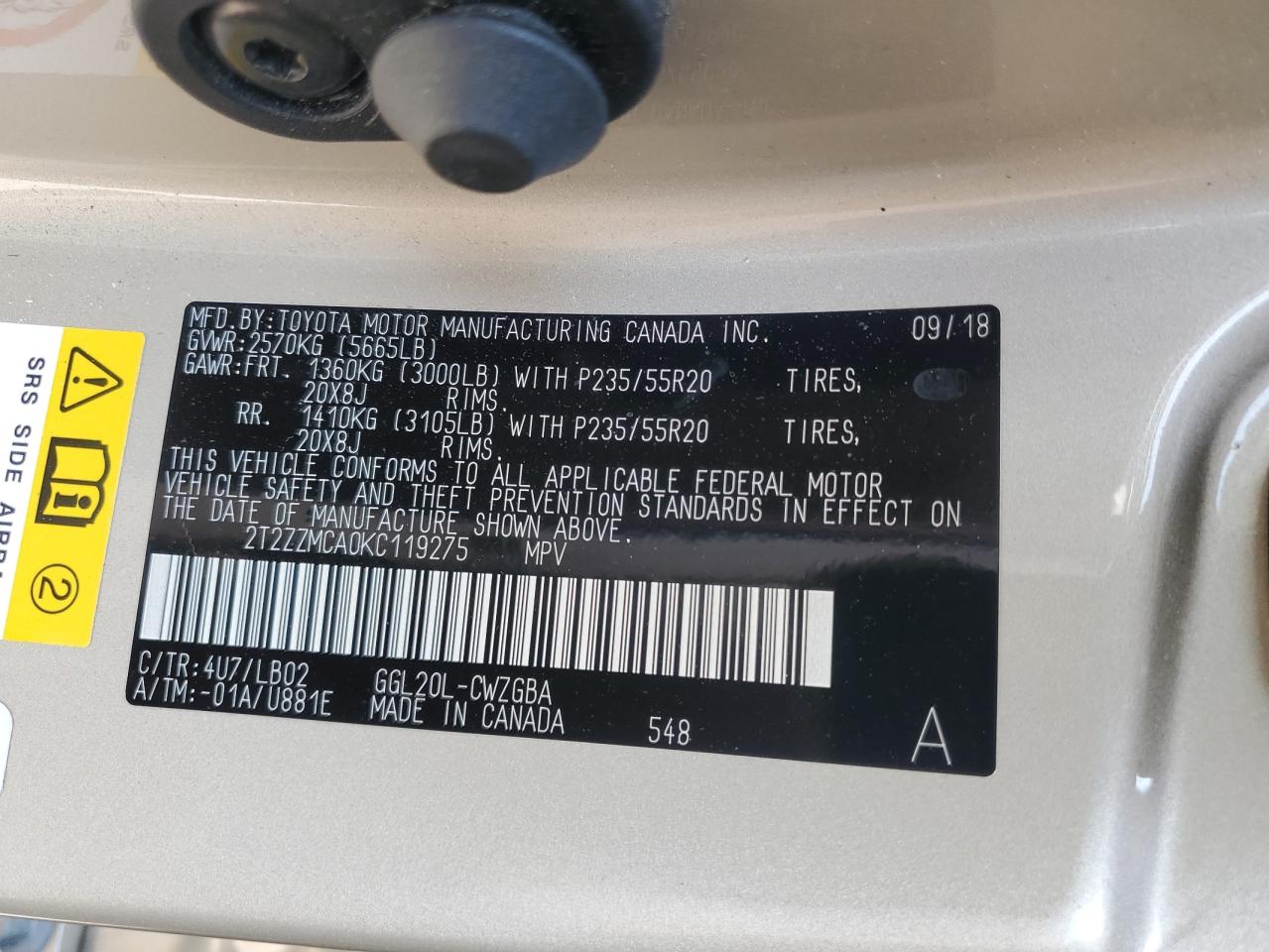 2019 Lexus Rx 350 Base VIN: 2T2ZZMCA0KC119275 Lot: 57553804