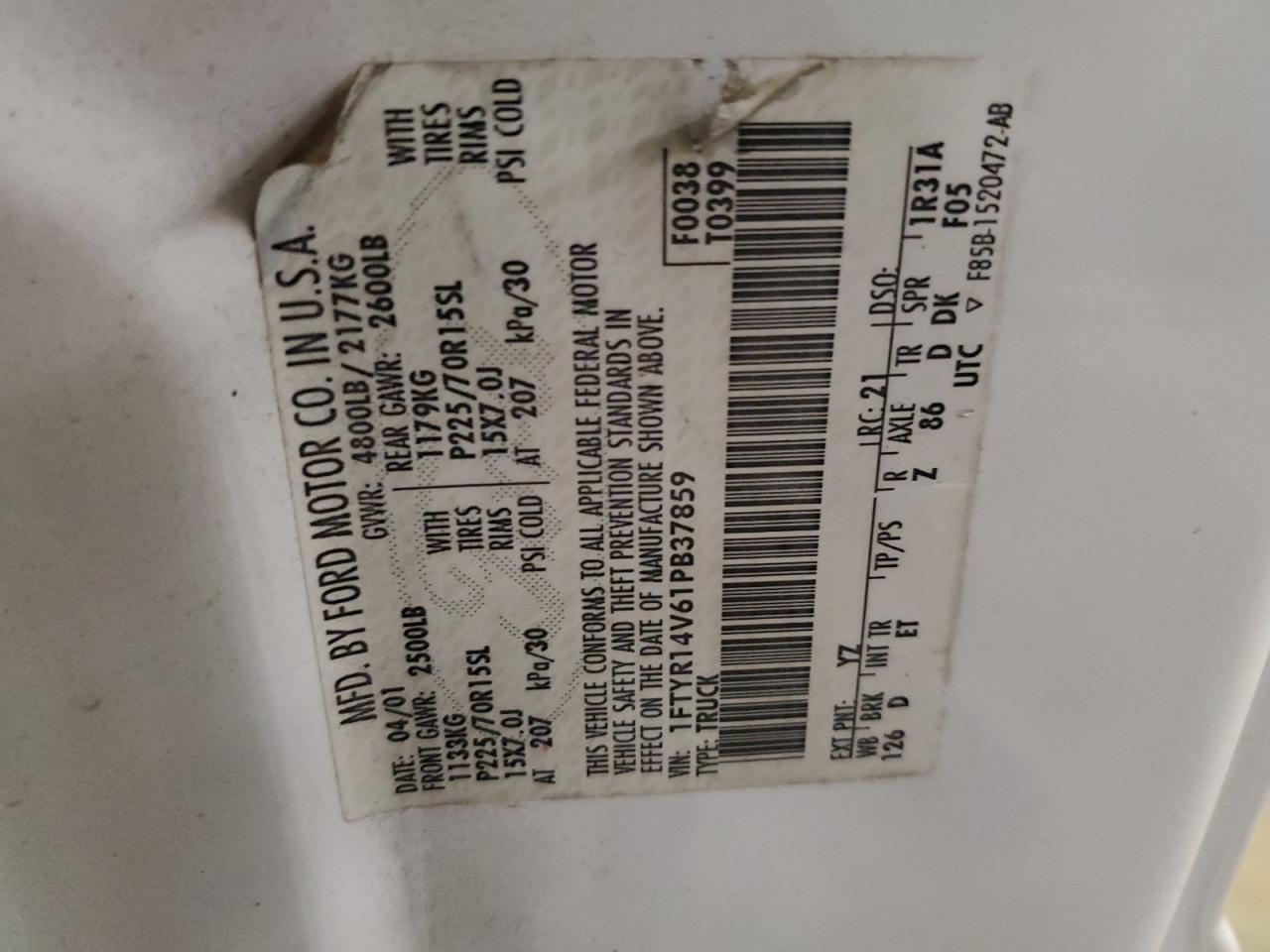 2001 Ford Ranger Super Cab VIN: 1FTYR14V61PB37859 Lot: 57689954