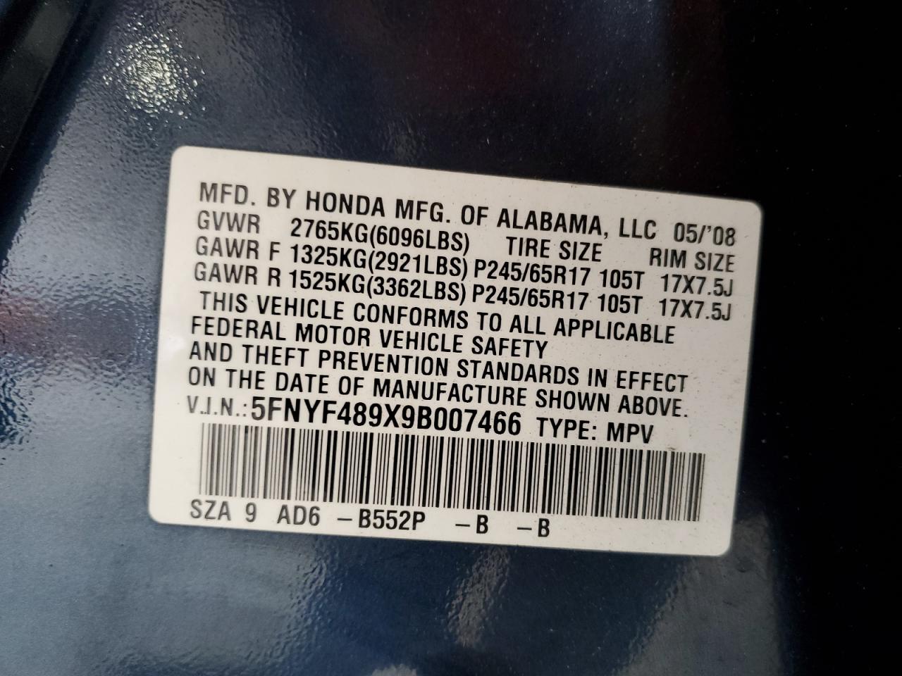 2009 Honda Pilot Touring VIN: 5FNYF489X9B007466 Lot: 60590534