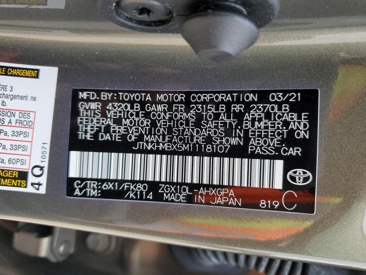 2021 Toyota C-Hr Xle VIN: JTNKHMBX5M1118107 Lot: 56599274
