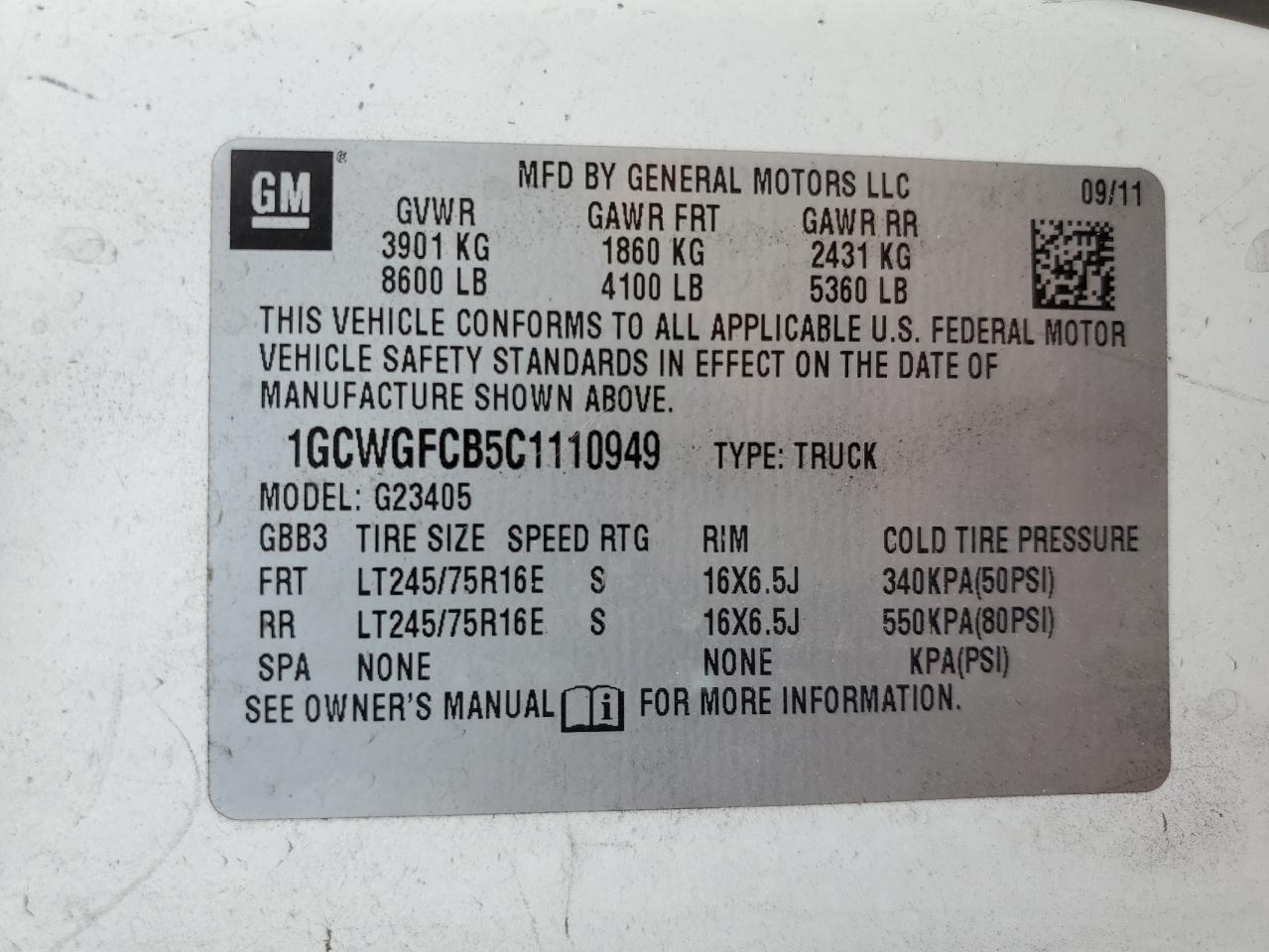 1GCWGFCB5C1110949 2012 Chevrolet Express G2500