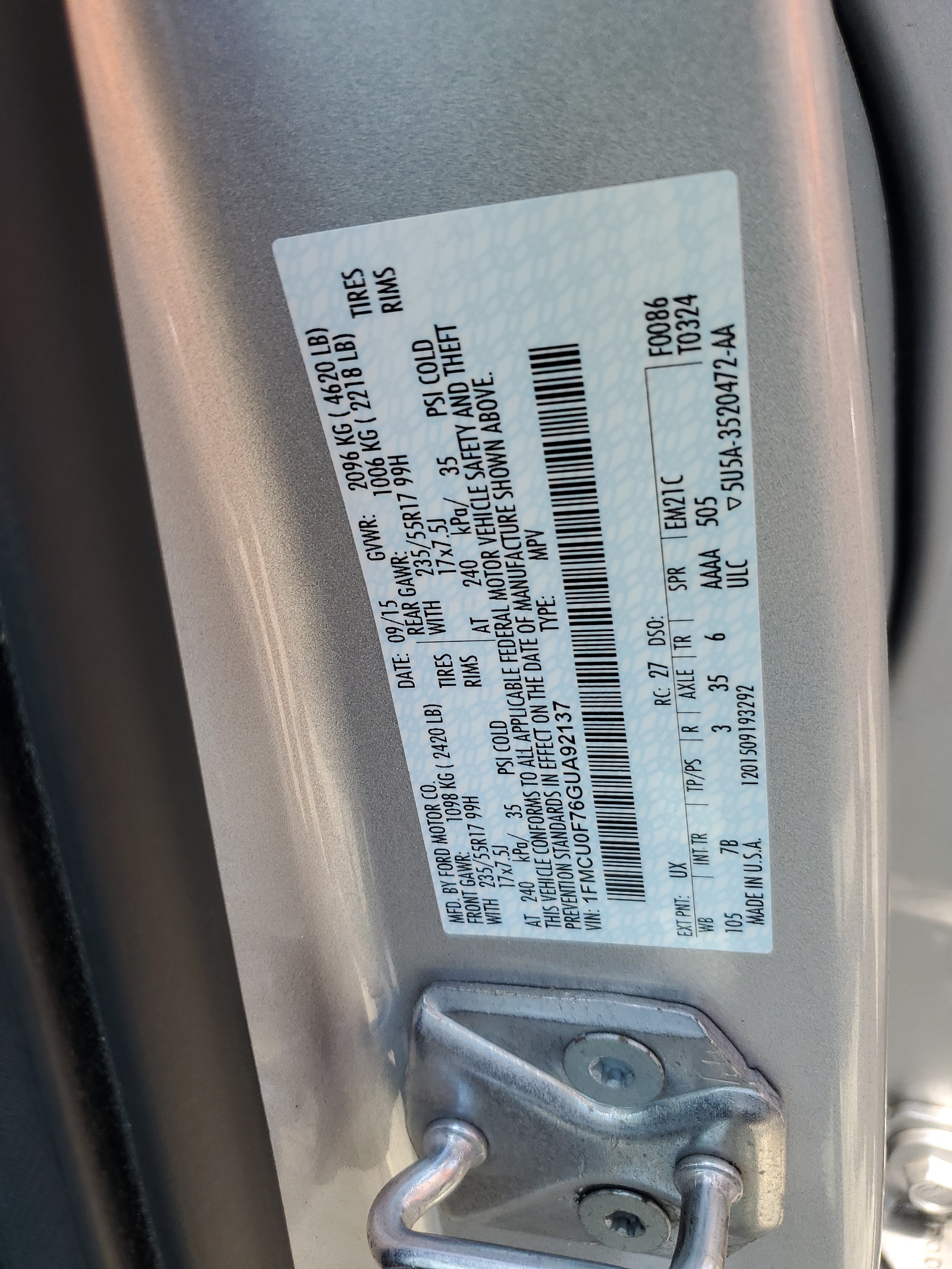 1FMCU0F76GUA92137 2016 Ford Escape S