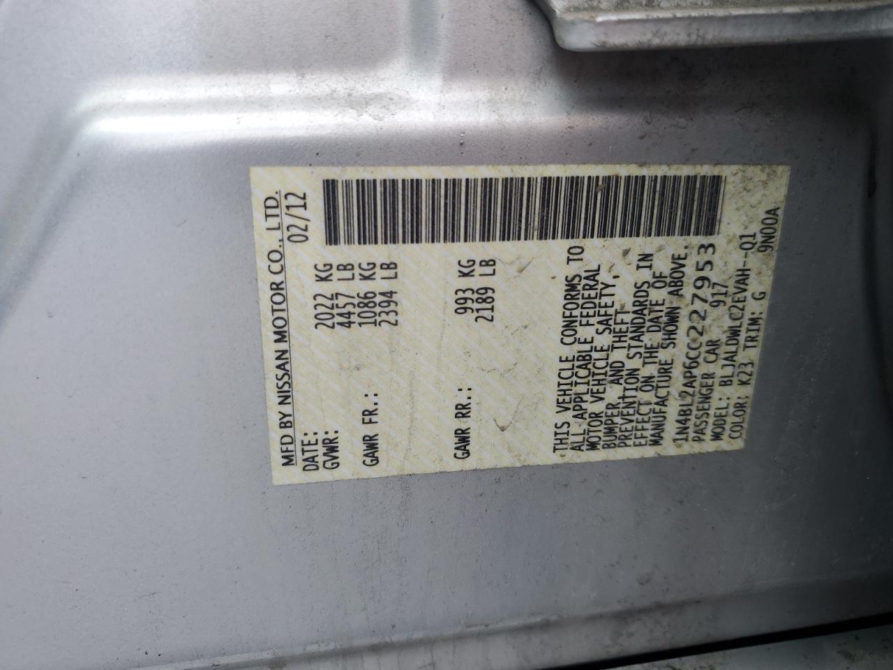 2012 Nissan Altima Sr VIN: 1N4BL2AP6CC227953 Lot: 58000654