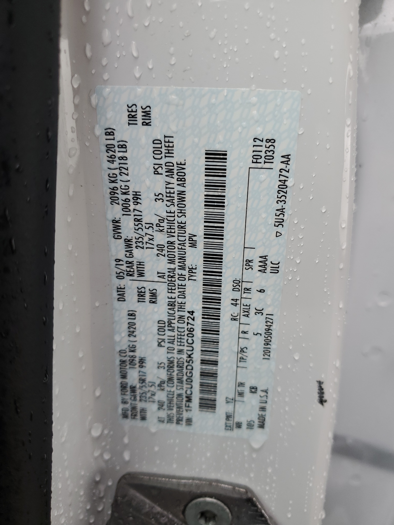 1FMCU0GD5KUC06724 2019 Ford Escape Se