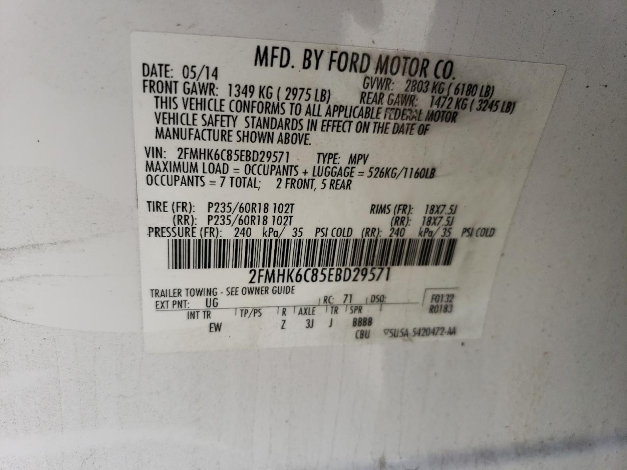 2014 Ford Flex Sel VIN: 2FMHK6C85EBD29571 Lot: 59831724