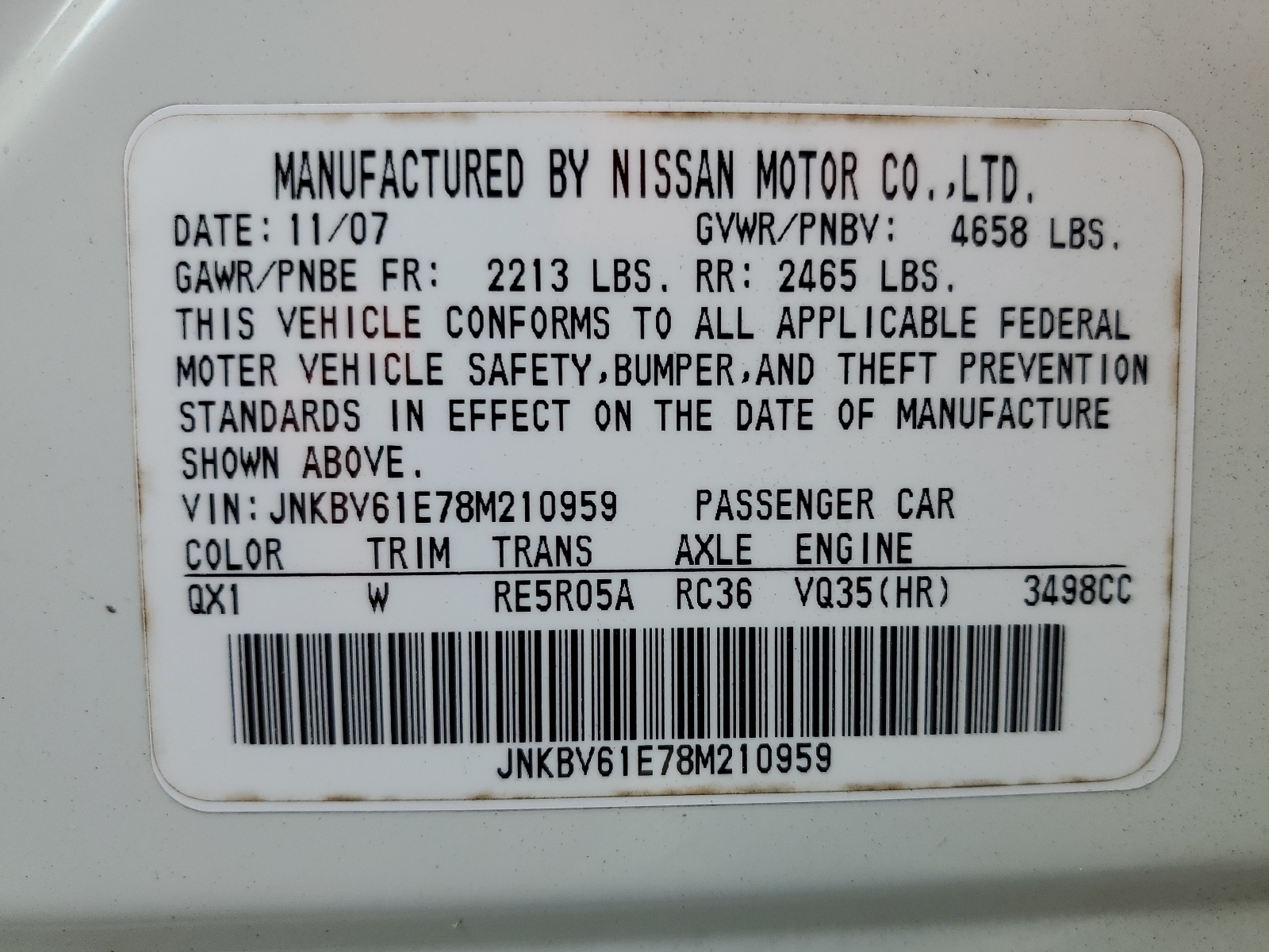 JNKBV61E78M210959 2008 Infiniti G35