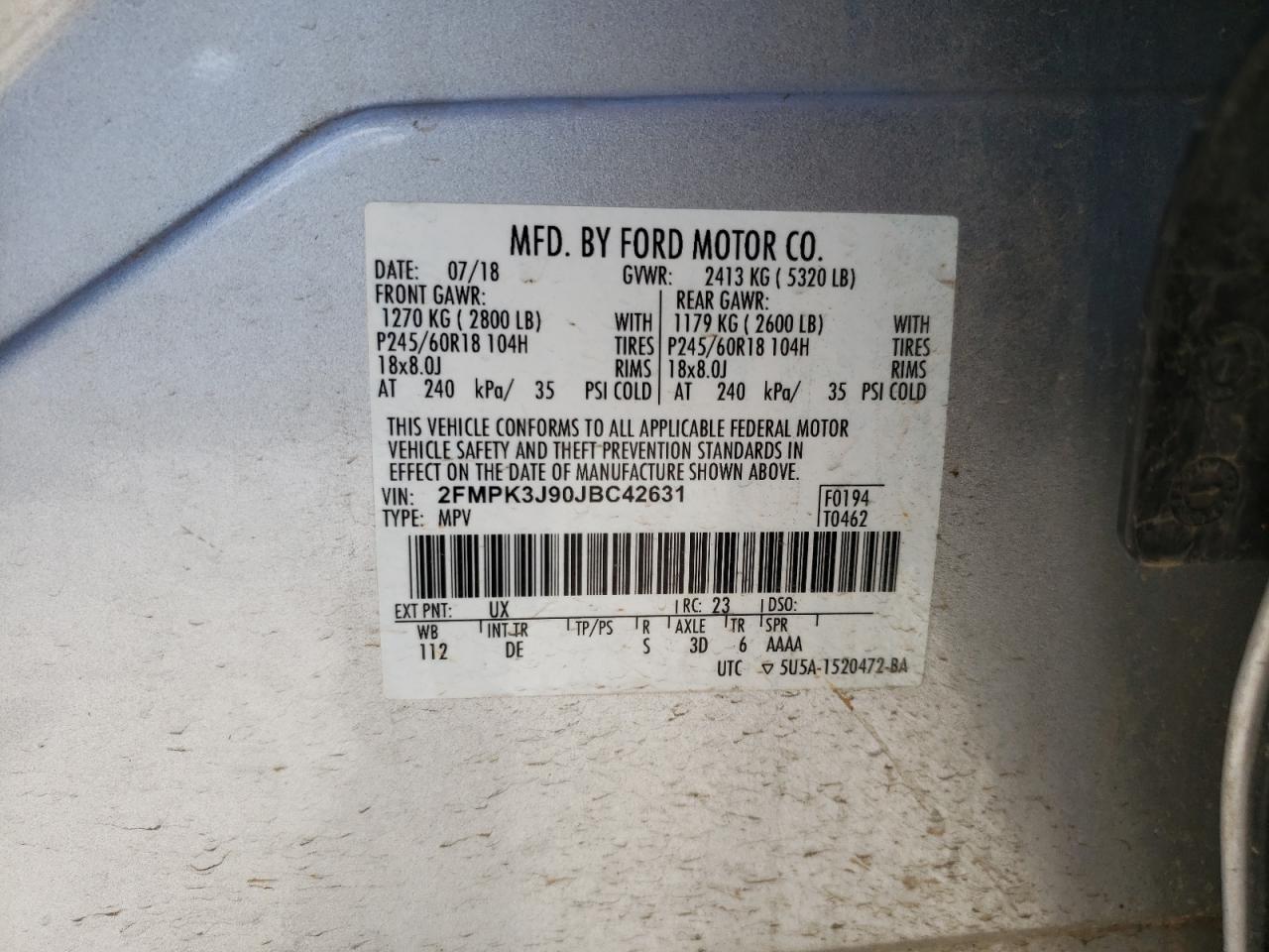 2018 Ford Edge Sel VIN: 2FMPK3J90JBC42631 Lot: 60634974