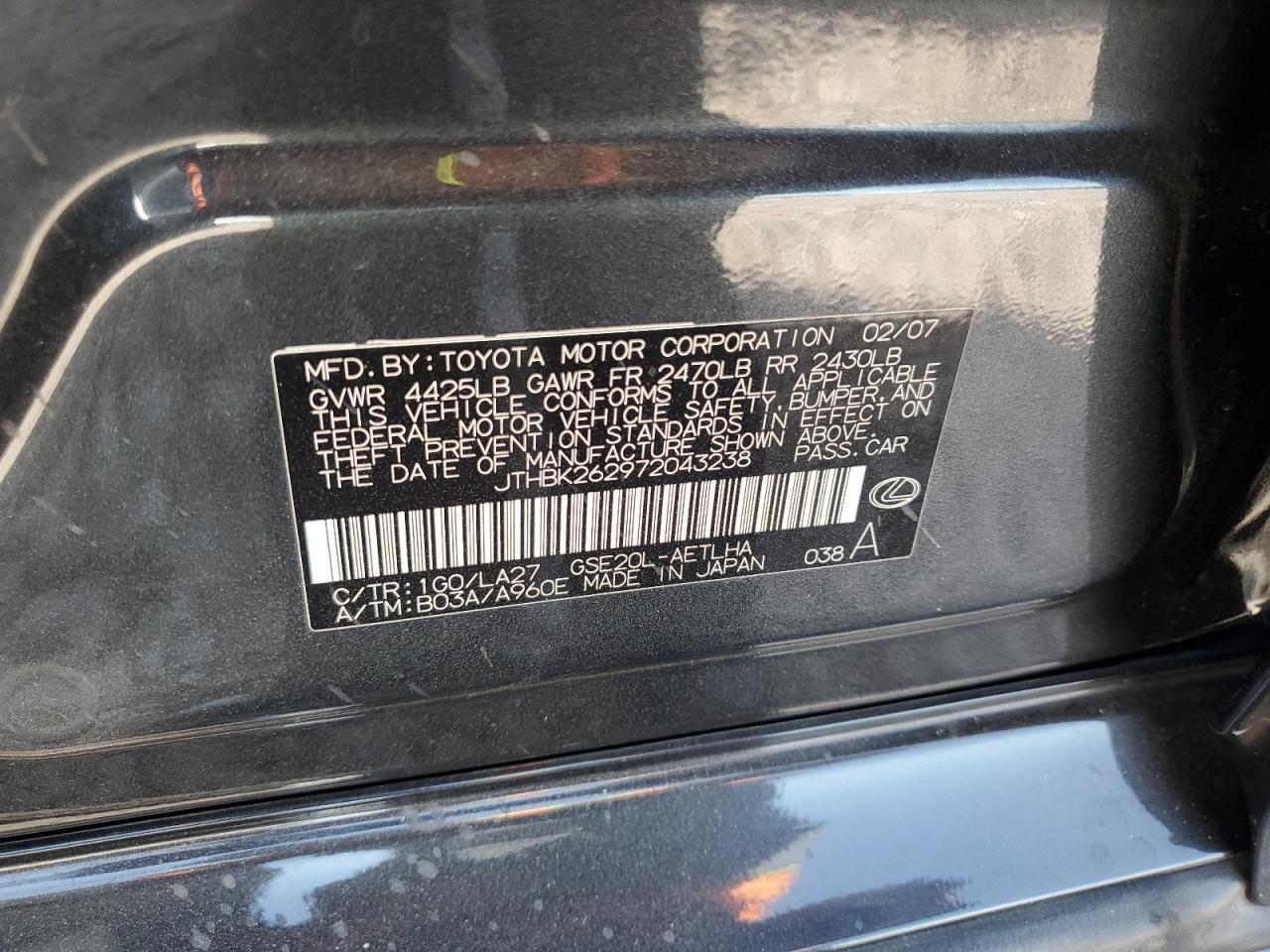 2007 Lexus Is 250 VIN: JTHBK262972043238 Lot: 59779134