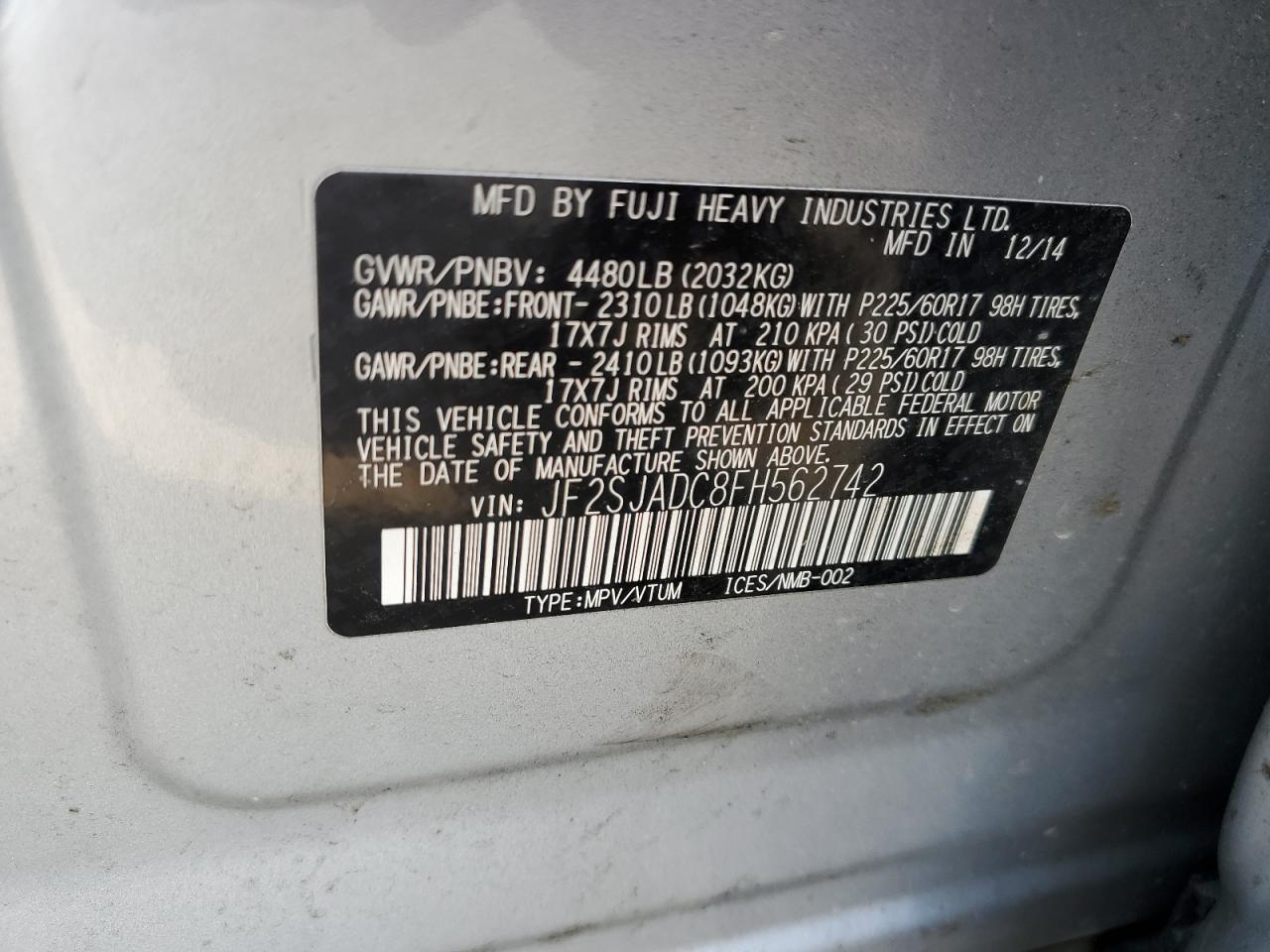 2015 Subaru Forester 2.5I Premium VIN: JF2SJADC8FH562742 Lot: 57314594