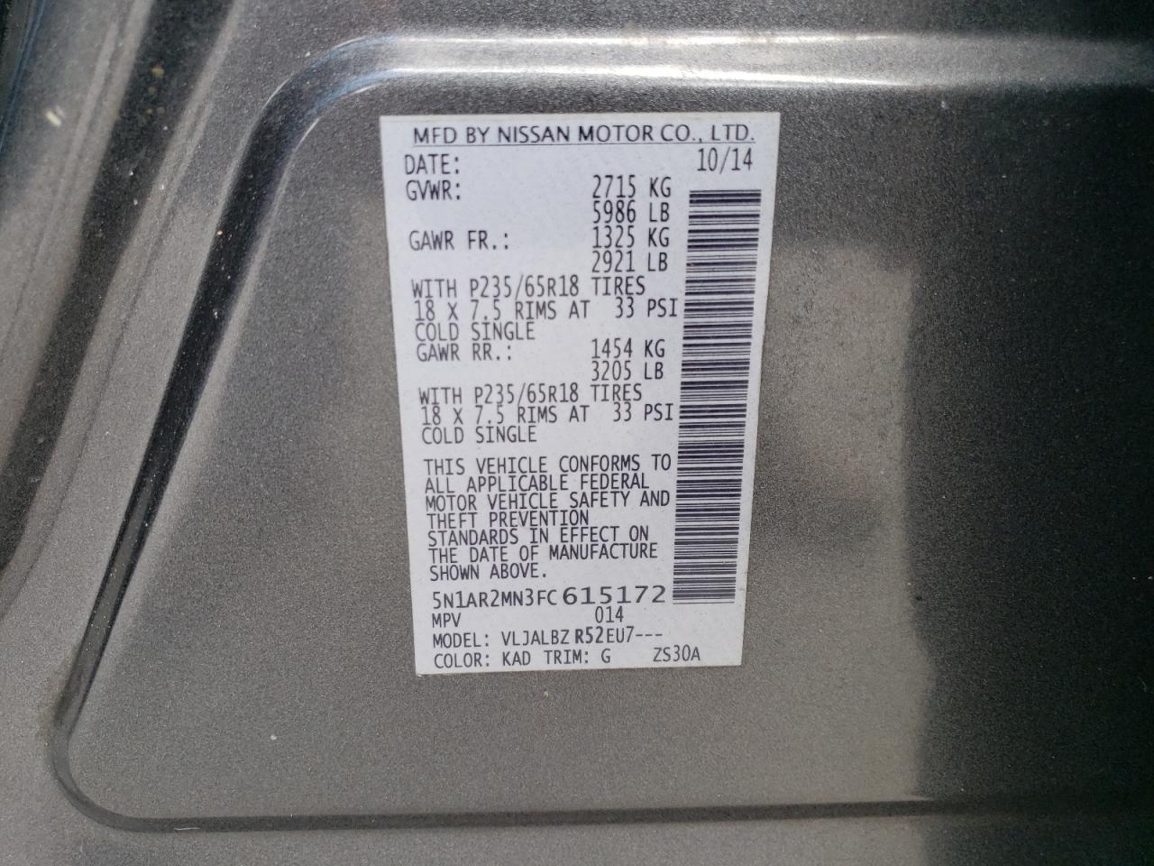 2015 Nissan Pathfinder S VIN: 5N1AR2MN3FC615172 Lot: 60098614